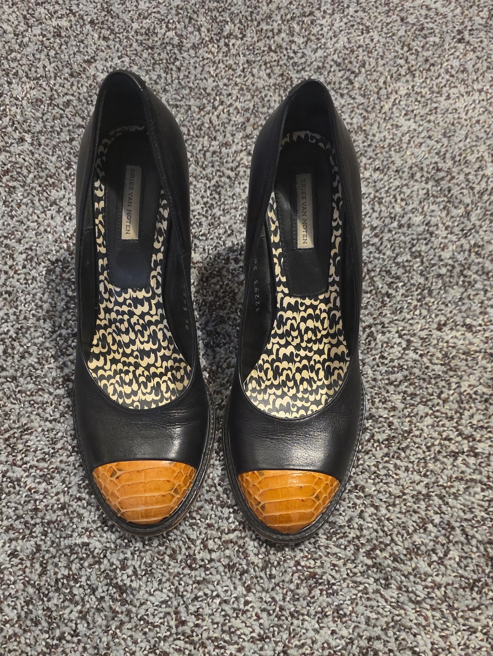 Dries Van Noten Black Leather Heels with Amber Croc Cap Toe